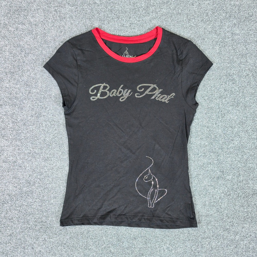 Y2K Baby Phat Womens Large Black Red Rhinestone Cat Logo Ringer Graphic Baby L